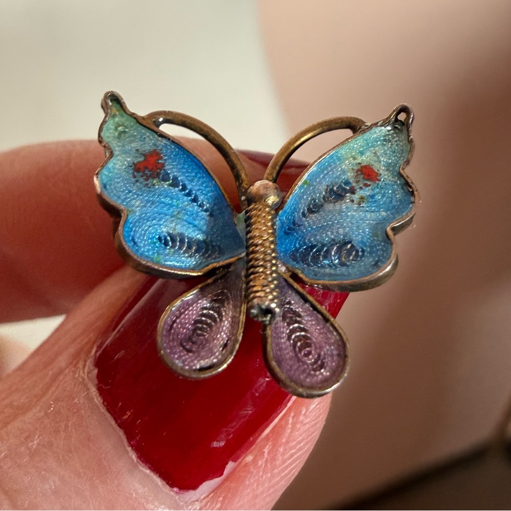 Antique 800 silver deco Filagree blue plique-a-jour Enamel tiny Butterfly brooch - Picture 5 of 17